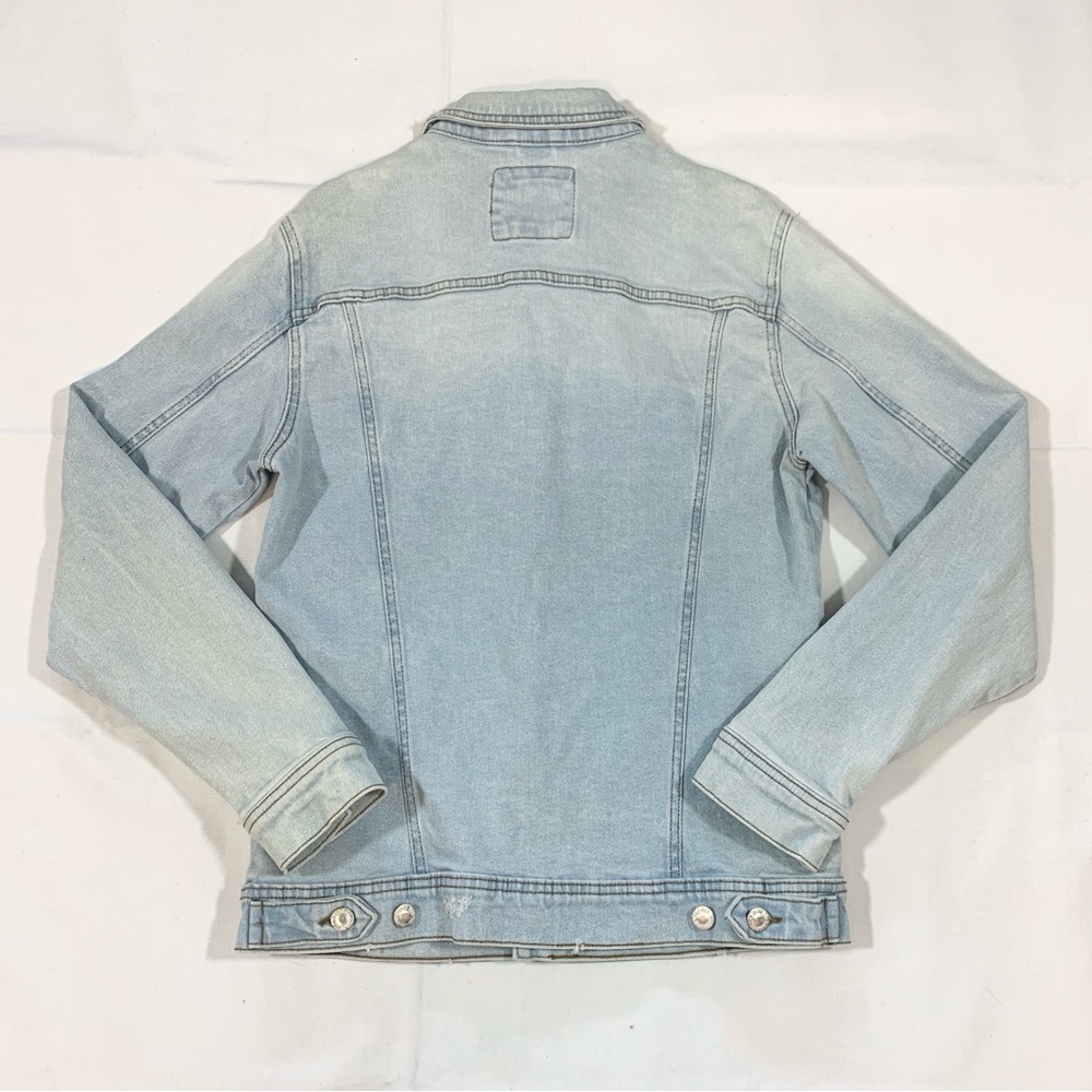 NWT Zara Man Mens Medium Denim Jean Jacket Light Wash L/S Distressed Designer - Picture 5 of 7